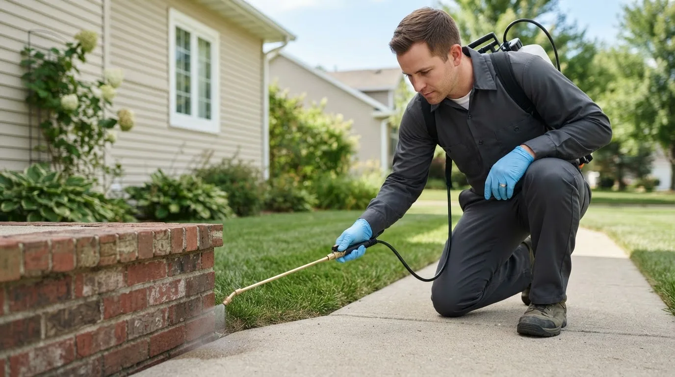 Pest control technician treating a home near East Dennis, MA